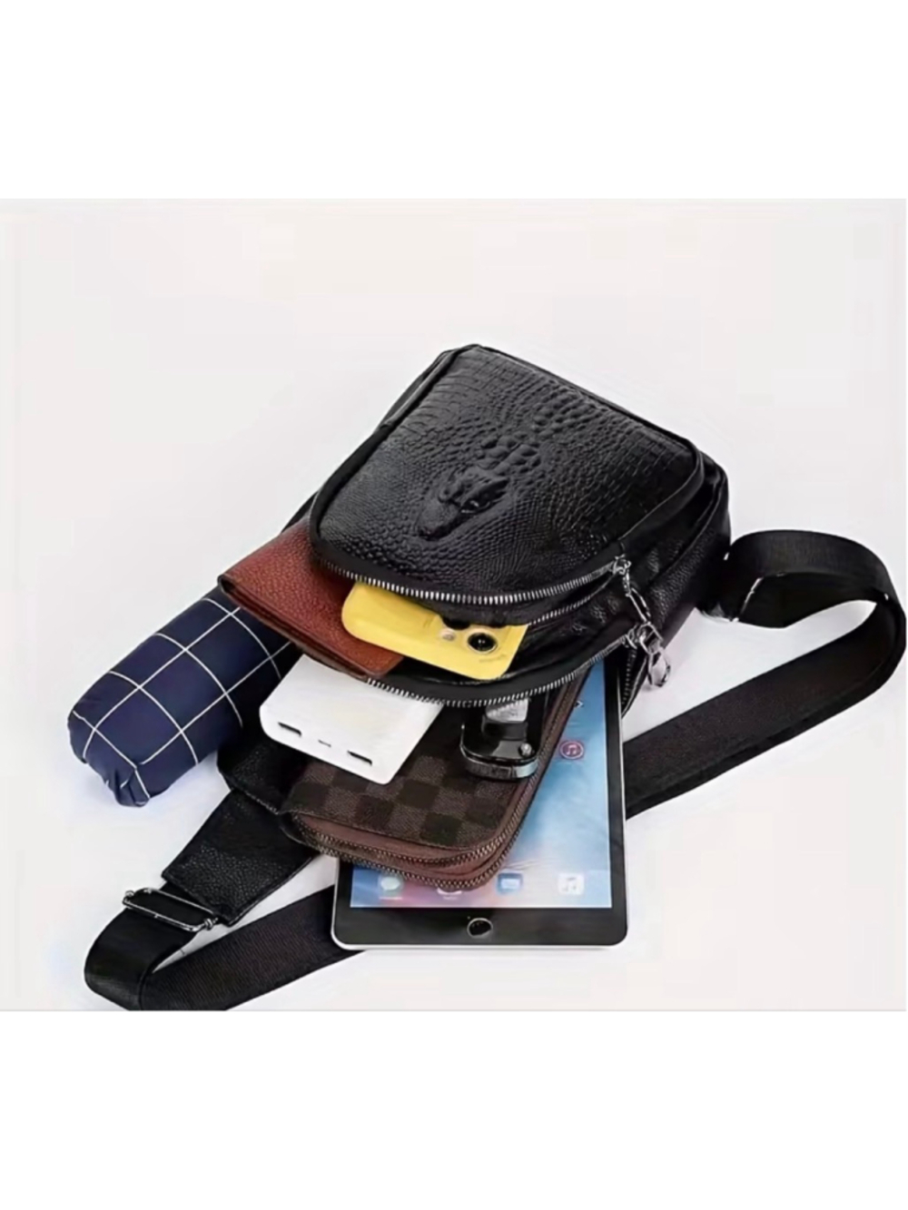 Unisex Black Crocodile Embossed Crossbody Bag - Picture 5 of 9